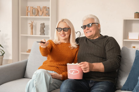 Mature couple in 3D glasses with popcorn watching movie on sofa at homeの写真素材