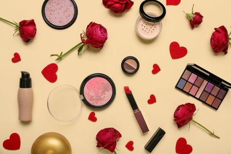 Cosmetic products with red roses and hearts on yellow background. Valentine's day celebrationの写真素材