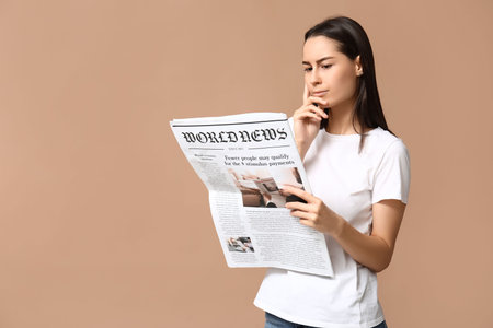 Thoughtful young woman with newspaper on beige background