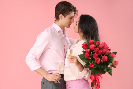 Young couple with champagne and roses on pink background. Valentine's Day celebrationの写真素材