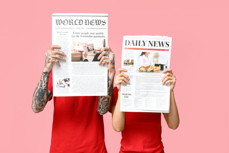 Couple with newspapers on pink backgroundの写真素材