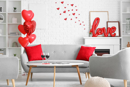 Interior of festive living room decorated for Valentine's Day celebrationの写真素材