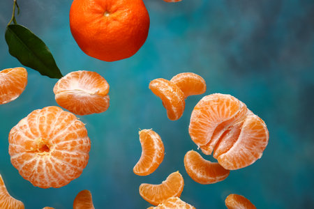 Flying sweet peeled mandarins and leaves on blue backgroundの写真素材