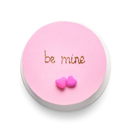 Pink bento cake with hearts on white background. Valentine's Day celebrationの写真素材