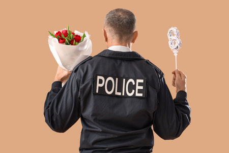Policeman with balloon in shape of figure 8 and flowers on beige background. International Women's Dayの写真素材