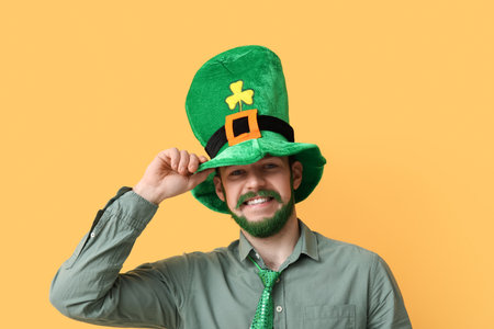 Young man in leprechaun hat with green beard on yellow background. St. Patrick's Day celebrationの写真素材