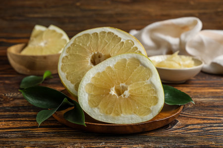 Plate with cut fresh pomelo fruit and leaves on wooden background
