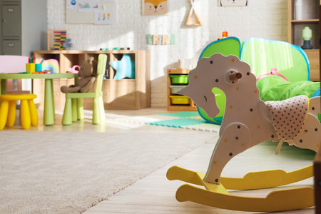 Rocking horse in kindergarten, closeupの写真素材