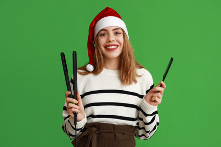Young female hairdresser in Santa hat with hair straightener and comb on green backgroundの写真素材