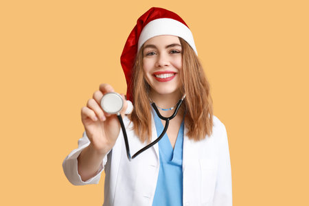 Portrait of young female doctor in Santa hat with stethoscope on yellow backgroundの写真素材