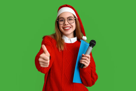 Young female journalist in Santa hat showing thumb-up on green backgroundの写真素材