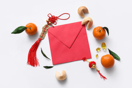 Composition with red envelope and Chinese symbols on white background. New Year celebration