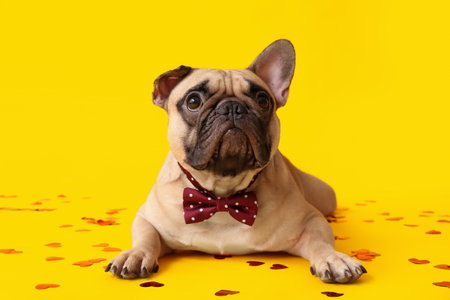 Cute French bulldog with confetti on yellow background. Valentine's Day celebrationの写真素材