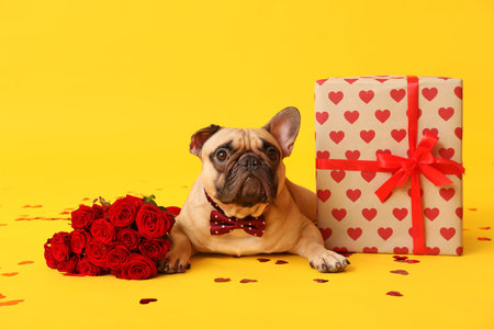Cute French bulldog with gift box, roses and confetti on yellow background. Valentine's Day celebrationの写真素材