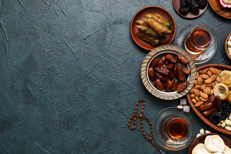 Composition with traditional Eastern sweets, tea and tasbih for Ramadan on dark color backgroundの写真素材