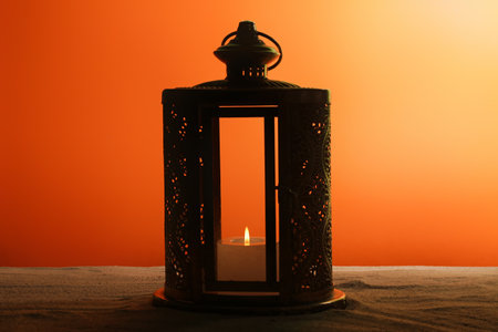 Muslim lamp with burning candle for Ramadan on sand against orange backgroundの写真素材