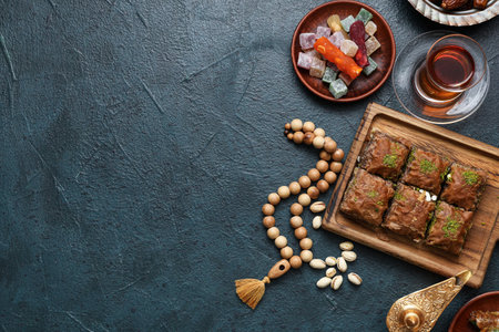 Composition with traditional Eastern sweets, Aladdin lamp and tasbih for Ramadan on dark color backgroundの写真素材