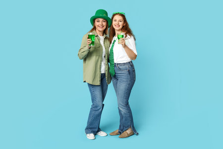 Beautiful women with beer on blue background. St. Patrick's Day celebrationの写真素材