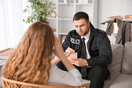 Male police officer with victim at home