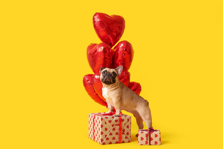Cute French bulldog with heart shaped balloons and gifts on yellow background. Valentine's Day celebrationの写真素材