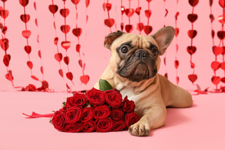 Cute French bulldog with roses and hearts curtain on pink background. Valentine's Day celebrationの写真素材