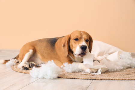 Naughty Beagle dog with torn pillow and toilet paper roll sitting near beige wallの写真素材