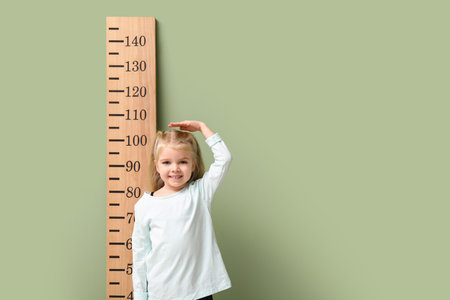 Cute little girl measuring height on green background