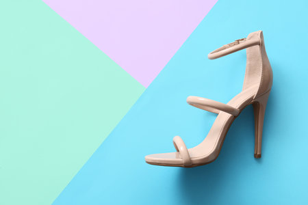 Stylish high-heeled shoe on color backgroundの写真素材