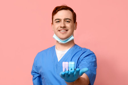 Male dentist with tooth models on pink background. World Dentist Day