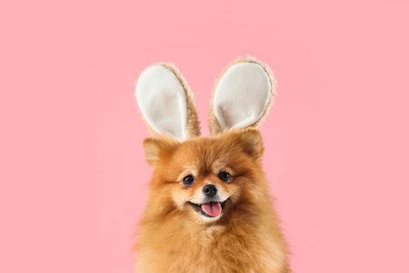 Cute Pomeranian dog with bunny ears on pink background, closeup. Easter celebrationの写真素材