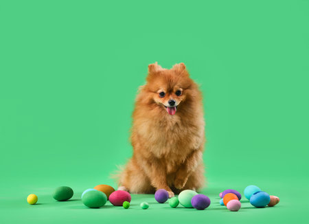 Cute Pomeranian dog with Easter eggs on green backgroundの写真素材