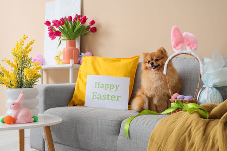 Cute Pomeranian dog with Easter eggs and greeting card on sofa at home