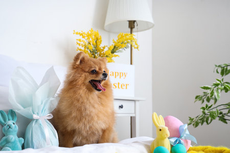 Cute Pomeranian dog with Easter rabbits and eggs in bedroomの写真素材