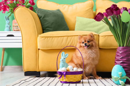 Cute Pomeranian dog with Easter eggs on carpet at home