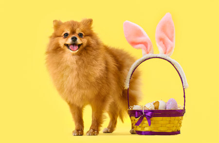 Cute Pomeranian dog with Easter eggs on yellow backgroundの写真素材