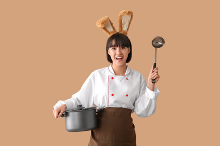 Female chef in bunny ears with cooking pot and ladle on brown background. Easter celebrationの写真素材