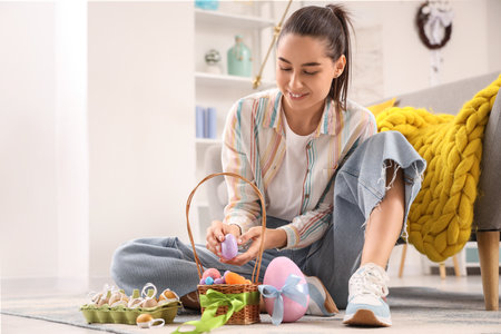 Young woman with basket of Easter eggs sitting on floor at homeの写真素材