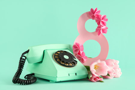 Figure 8 made of paper with retro telephone and beautiful tulips on turquoise background. International Women's Dayの写真素材