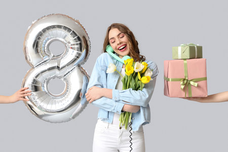 Young woman talking by retro telephone with bouquet of beautiful tulips and hands with air balloon...