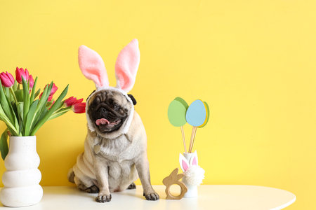 Cute pug dog in bunny ears with Easter decor and tulips on table against yellow backgroundの写真素材