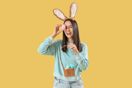 Young woman in bunny ears with basket of Easter eggs on yellow background