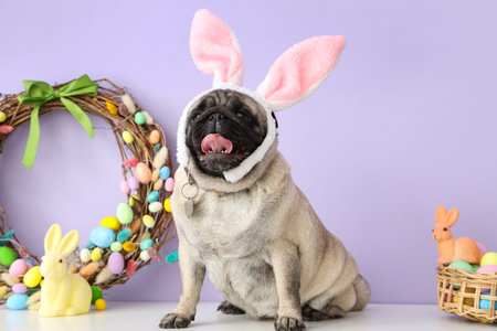 Cute pug dog in bunny ears and Easter decor on table against lilac background