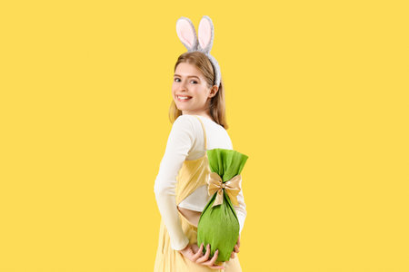 Young woman in bunny ears with Easter gift egg on yellow backgroundの写真素材