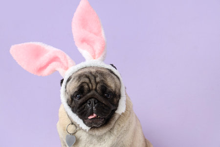 Cute pug dog in bunny ears on lilac background, closeup. Easter celebrationの写真素材