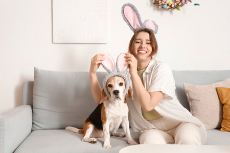 Young woman with cute Beagle dog in bunny ears at home on Easter Dayの写真素材