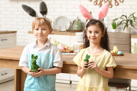 Cute little children with bunny ears holding toy rabbits at homeの写真素材