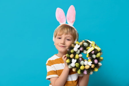 Cute little boy in bunny ears with Easter wreath on blue background