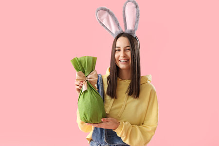 Young woman in bunny ears with Easter gift egg on pink background