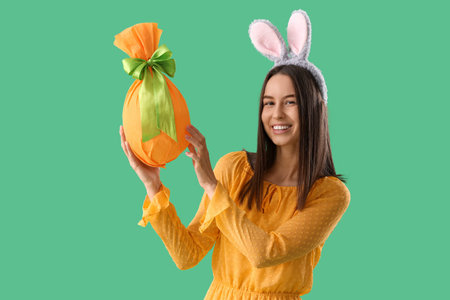 Young woman in bunny ears with Easter gift egg on green background