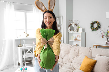 Young Asian woman in bunny ears with Easter gift egg at home
